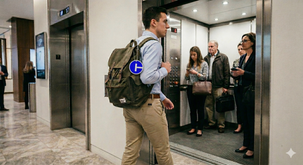 CT Bag Tag in Elevator